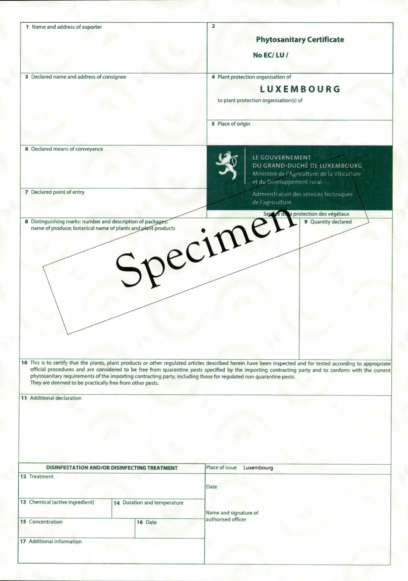 Cette image représente un certificat phytosanitaire pour l'export de végétaux ou produits végétaux v2023