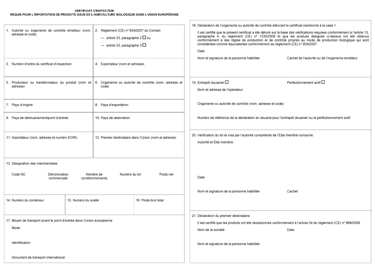 Cette image représente un certificat d'inspection pour l'importation de produits biologiques