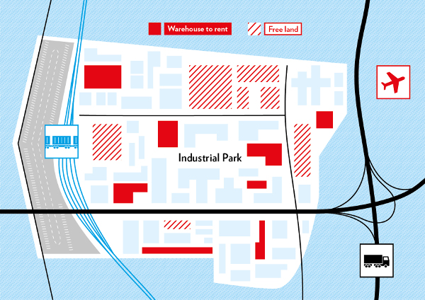 This picture shows a industrial park with warehouses to rent and land to buy