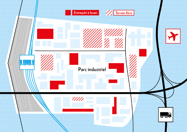 Cette image représente un parc industriel avec des entrepôts à louer et des terrrains à acheter