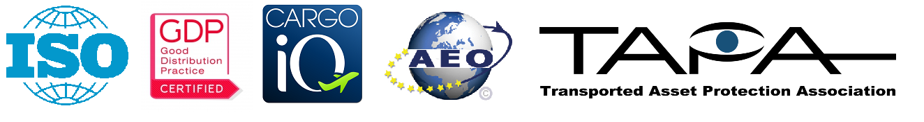 This picture illustrates the logos of the following certifications: iso, GDP, Cargo IQ, AEO, TAPA