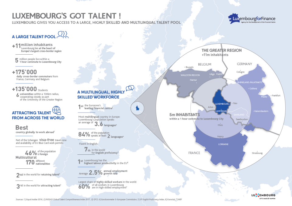 Cette image représente une infographie montrant les caractéristiques de la main d'oeuvre au Luxembourg