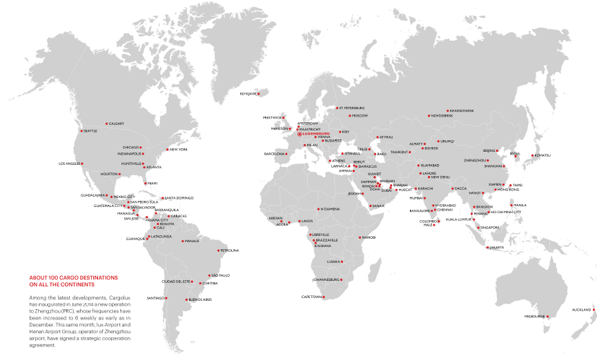 Cette image représente une carte du monde avec les destinations aériennes desservies depuis le Luxembourg