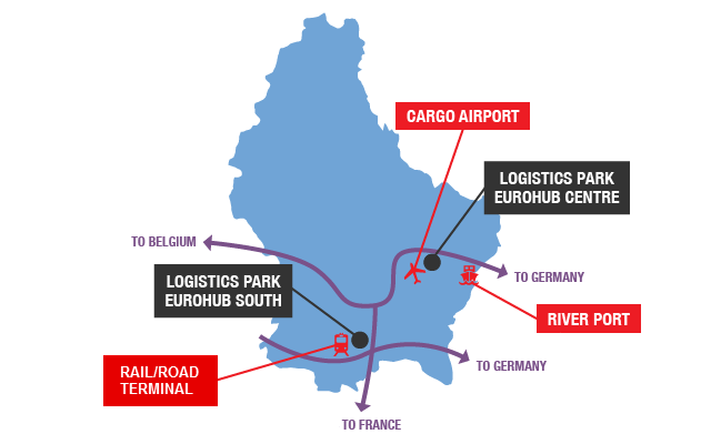 This picture is a map of Luxembourg situating the logistics parks and the logistics infrastructures
