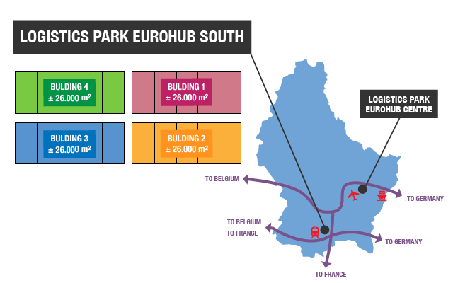 This picture is a map of Luxembourg situating the 2 logisitics parks and giving indications of surfaces to rent