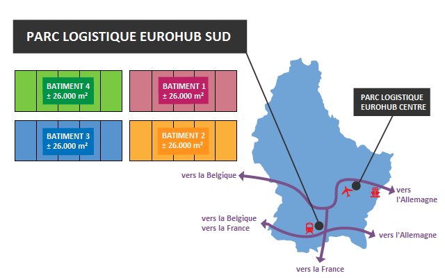 Cette image est une carte du Luxembourg qui situe les 2 parcs logistiques et donne une indication sur les surfaces à louer