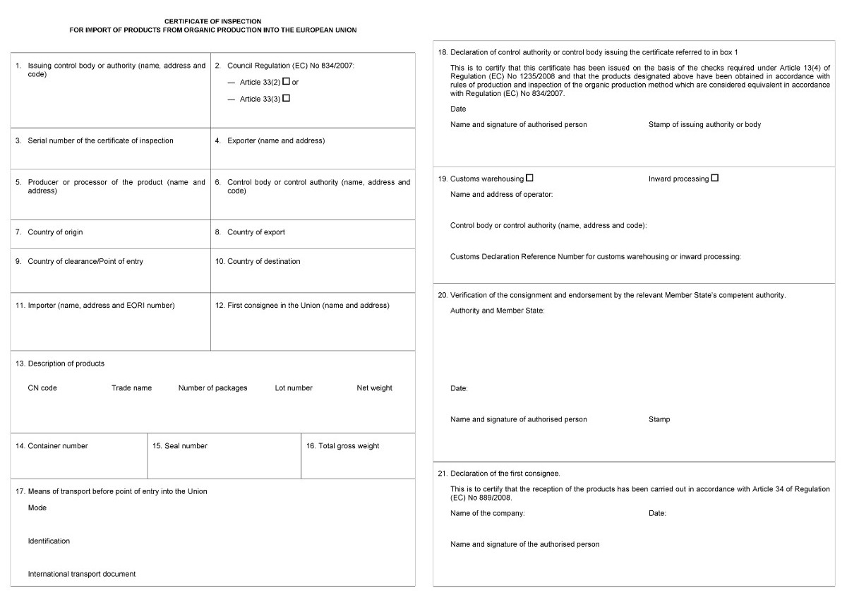 This picture represents a certificate of inspection for import of organic products