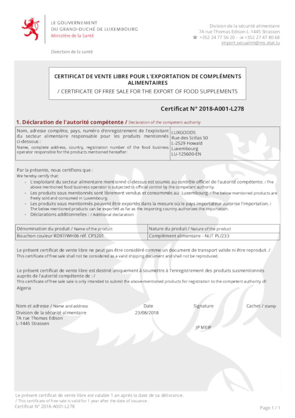 Cette image représente un certificat de vente libre pour l'export de matériaux en contact avec les aliments