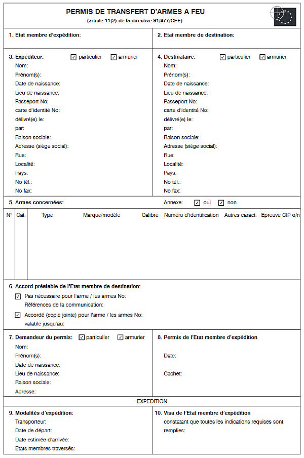 This picture represents a permit to transfer firearms in French