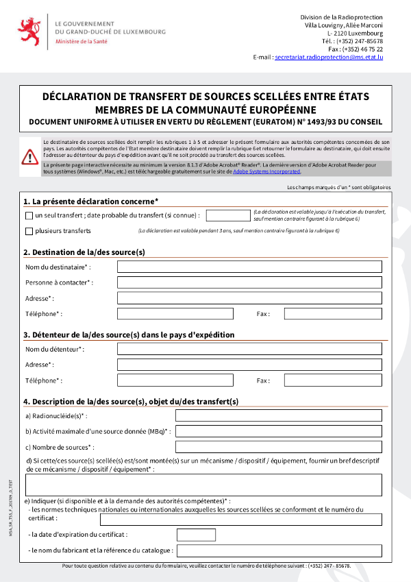 This picture represents the first page of a declaration of transfer of sealed radioactive sources