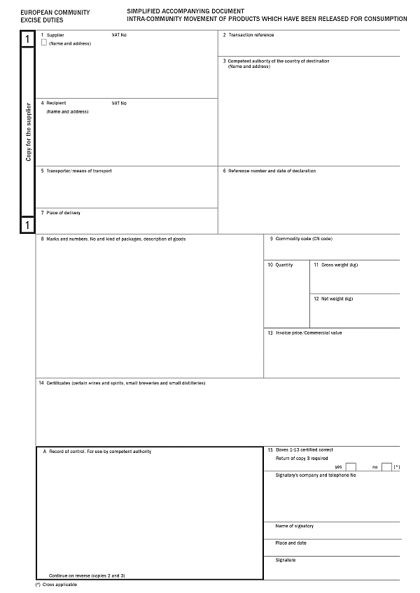 This picture represents a simplified accompanying document for intra-community movement of products which have been released for consumption