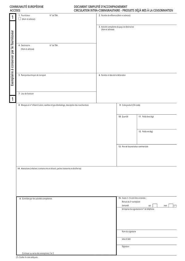 Cette image représente un document simplifié d'accompagnement pour la circulation intra-communautaire de produits déjà mis à la consommation