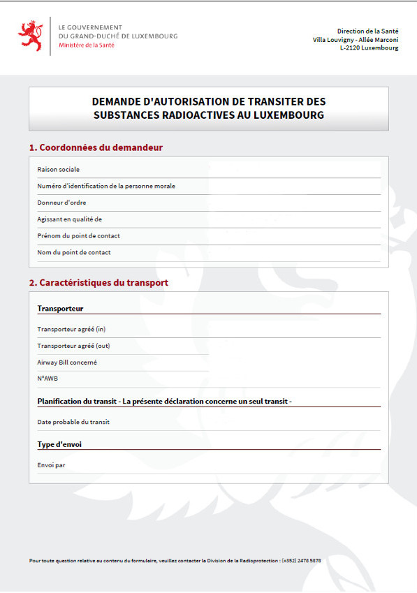 Cette image représente la première page d'une demande d'autorisation de transiter des substances radioactives au Luxembourg