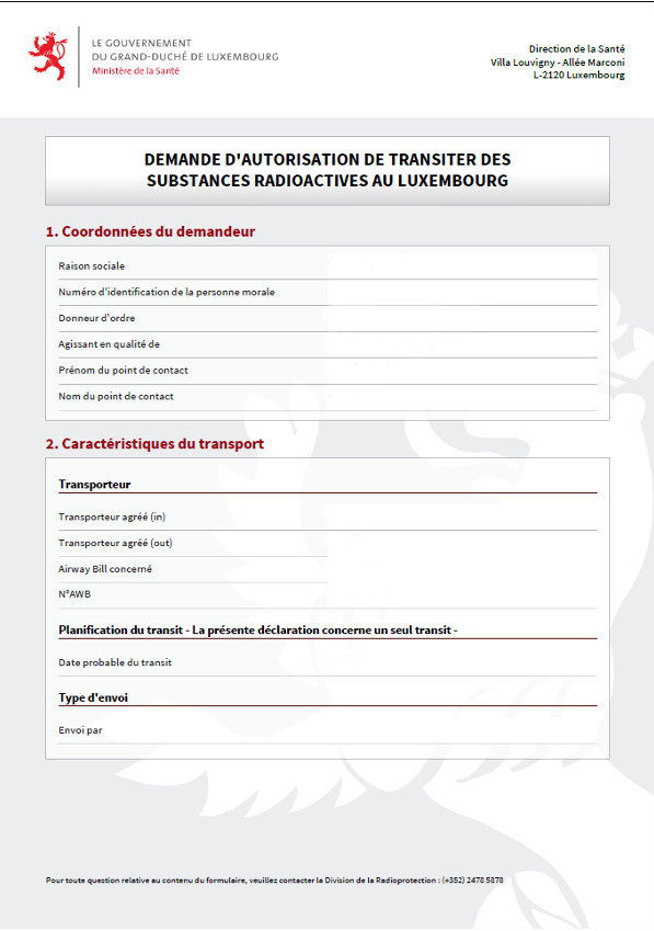 This picture represents the first page of a request for authorization to transit of radioactive substances in Luxembourg