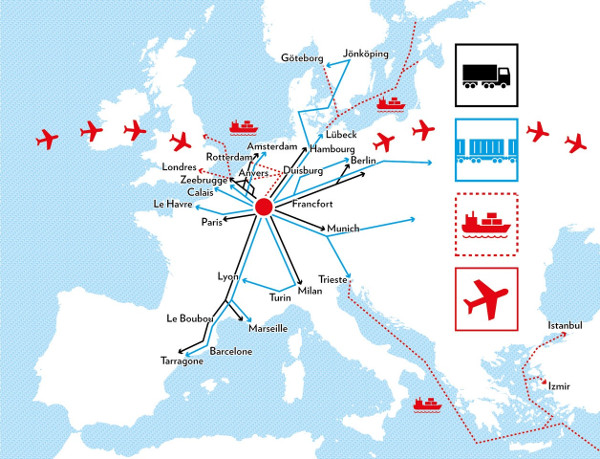 Cette image est une carte de l'Europe avec les connexions routières et ferroviaires du Luxembourg vers les différentes villes et ports