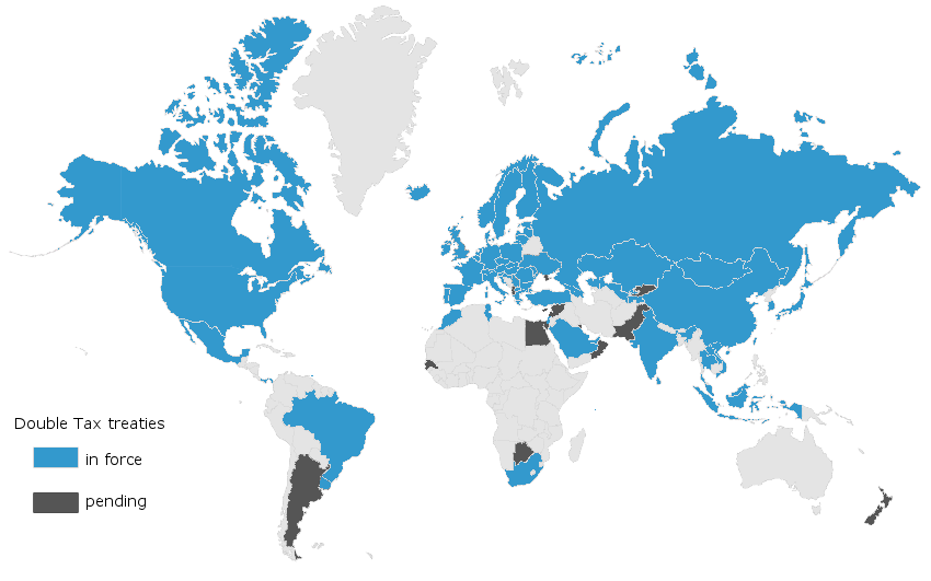 This picture is a map of the world showing the countries with which Luxembourg has double tax treaties. Treaties in discussion are also shown. 