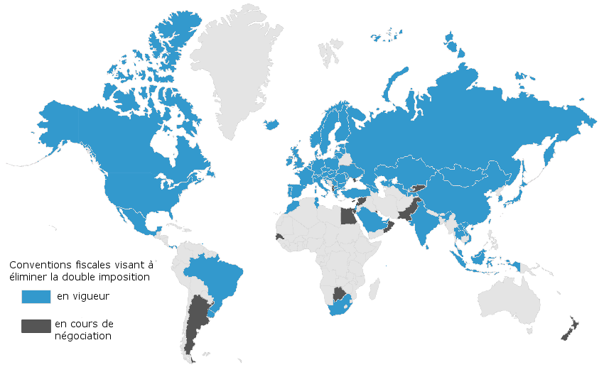 Cette image représente une carte du monde avec indications des pays avec lesquels le Luxembourg a des traités visant à éliminer la double imposition. Les traités en préparation sont également indiqués